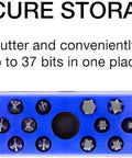 37 Hole 1 Quarter Inch Hex Bit Organizer And Drill Bit Holder With Magnetic Base For Screwdriver Bits in blue, labeled "Secure Storage"