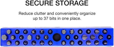 37 Hole 1 Quarter Inch Hex Bit Organizer And Drill Bit Holder With Magnetic Base For Screwdriver Bits in blue, labeled "Secure Storage"