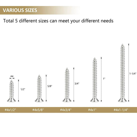 Pro Grade Four Gauge Stainless Steel Wood Screws Countersunk Phillips Head Self Tapping Assortment Kit 202 Piece Set sizes 1/2 to 1-1/4 inch