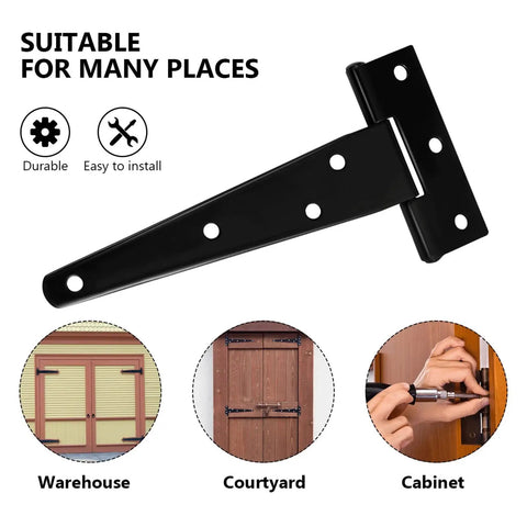 Six Pack T-Hinge 5 Inch Anti Rust Iron Shed Door Hinge with installation and usage examples