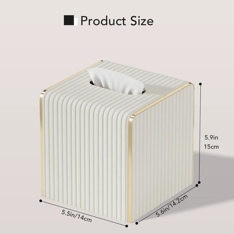 White Leather Tissue Box Cover With Gold Tone Edging, Modern Cube Vessel for Bathroom, Bedroom, Living Room or Office