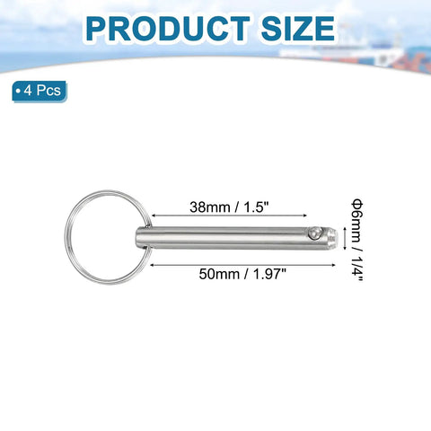 Quick Release Pins 1/4 Inch Diameter, 1.5 Inch Usable Length, 2.76 Inch Total Length, Marine Grade Carbon Steel, product size diagram