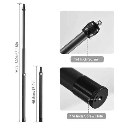 Heavy Duty Carbon Fiber Selfie Stick Extends To Super Long 118 Inches with 1/4 Inch mount showing length and secure screw details.