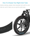 Close-up of bicycle wheel and inner tube marked 14x2.125, showing compatibility with 2 Pack 14x2.125 Inner Tubes For 14 Inch Electric Scooters And Ebikes With Angled Valve Stem, Durable Replacement Bicycle Tubes For 14 Inch Wheels, Easy Install, Fits Most 14 Inch Tires, Not For 12 Inch.