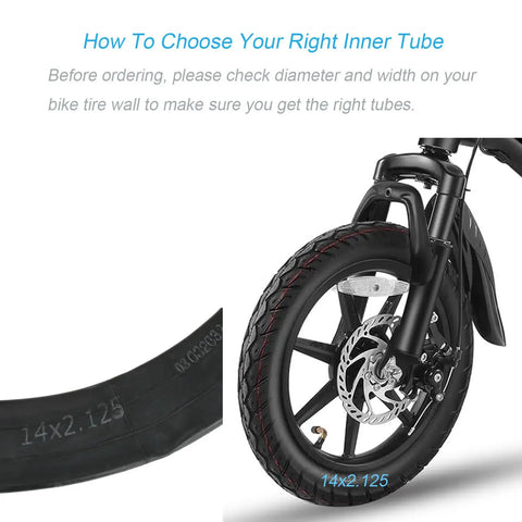 Close-up of bicycle wheel and inner tube marked 14x2.125, showing compatibility with 2 Pack 14x2.125 Inner Tubes For 14 Inch Electric Scooters And Ebikes With Angled Valve Stem, Durable Replacement Bicycle Tubes For 14 Inch Wheels, Easy Install, Fits Most 14 Inch Tires, Not For 12 Inch.