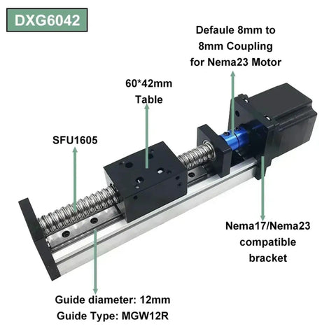 Get Your Hands On This Slick XYZ Shaft Linear Guide Slide Table Featuring SFU1605 Or 1610 Leadscrew Motion For Smooth Slideways Plus A Killer 12N Meter Motor Kit With Ball Screw Setup Perfect For DIY Hacking And Pro Projects showing SFU1605 table, size 60*42mm, 12mm guide diameter.