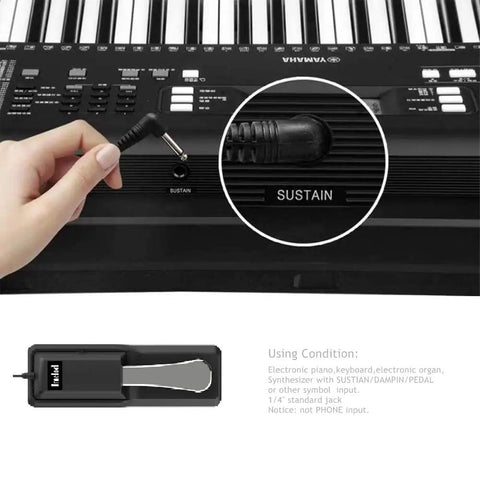 Universal Sustain Pedal for Digital Pianos and Keyboards with Smooth Action and Reverse Polarity Switch connected to keyboard
