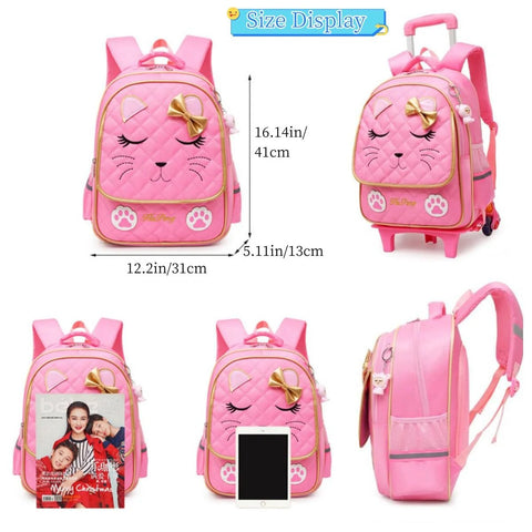 Girls Rolling Backpack Trolley School Bag With Cat Face Bowknot Pink Reflective Strip Cute Luggage for Kids shown in different views