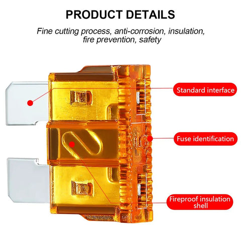 Road Ready Badass 306 Piece Auto Car Truck Backup Fuse Assortment Kit Featuring Standard Mini And Low Profile Blades Rated Two To Thirty Five Amps With Tools showing an orange blade fuse with identification labels.