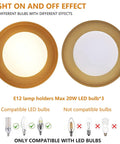 Dope White And Gold Flush Mount Ceiling Light on and off effect with E12 LED bulb compatibility diagram