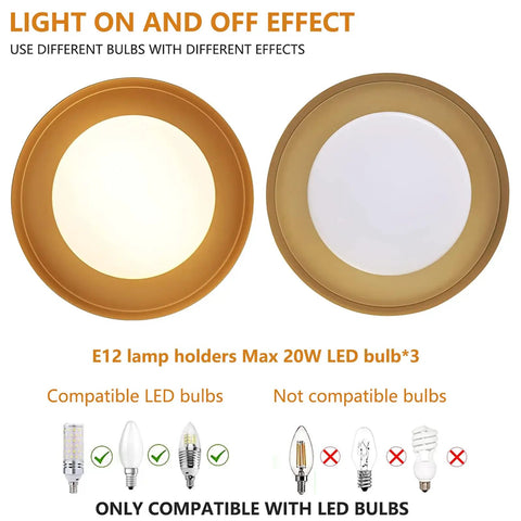 Dope White And Gold Flush Mount Ceiling Light on and off effect with E12 LED bulb compatibility diagram