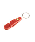 Side view of red plastic heavy-tension snap release clip with brass screw and metal ring for planer boards.