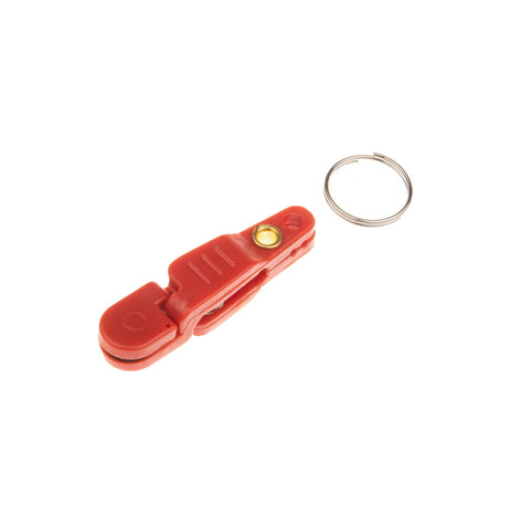 Side view of red plastic heavy-tension snap release clip with brass screw and metal ring for planer boards.