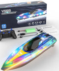 LED RC Boat With Night Light Remote Control Boat For Pools And Lakes 2.4GHz RC Speed Boat Dual Rechargeable Batteries shown with controller and box