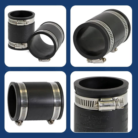 Flexible PVC Coupling With Stainless Steel Clamps For DWV Piping, 2.4 Inch Inner Diameter Fits 2 Inch Nominal Pipe, Easy Install Leak Proof Rot Proof Seal