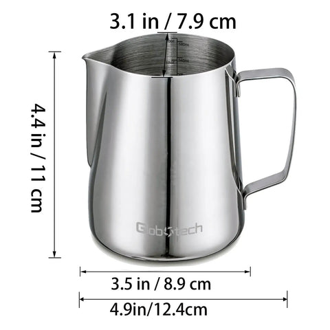 Front view of Barista Grade 20 Oz Stainless Steel Milk Frothing Pitcher For Espresso And Latte Art Foam, Perfect For Cappuccino And Hot Chocolate, Dishwasher Safe, Pro Grade, Easy Read Measurement Inside