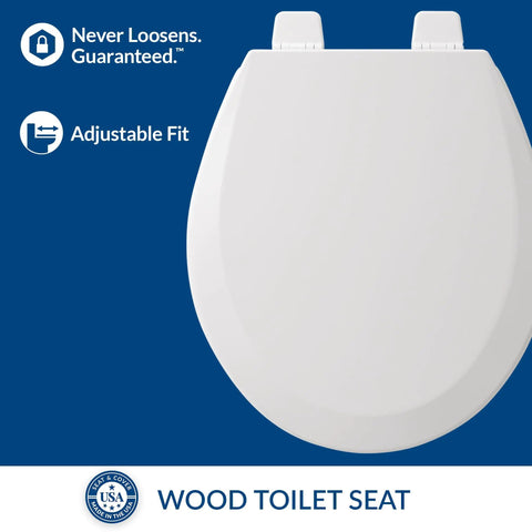 Durable Wood Toilet Seat With Secure Hinges That Stay Tight No Wobble Built To Last Made In USA Round White With Smooth Contours And Clean Look