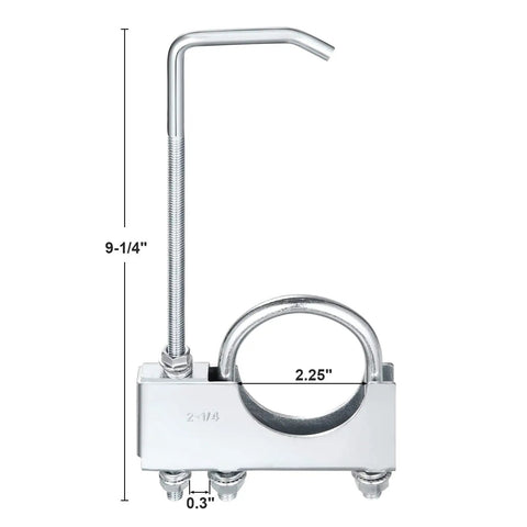 2.25 Inch Universal Exhaust Clamp With Hanger For Cars And Trucks Easy Install Anti Loosen Nuts; stainless steel build with measurements shown