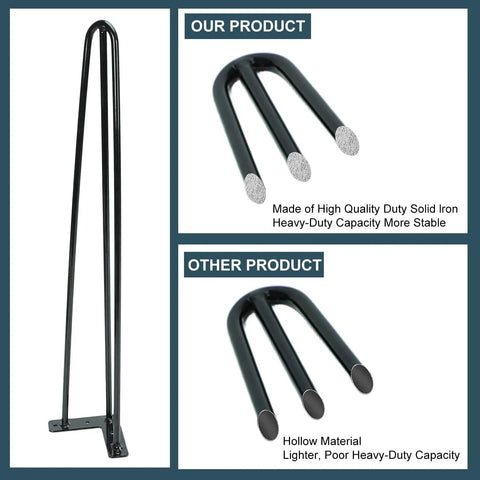 22 Inch Industrial Hairpin Table Legs Set Of Four With 3 Eighths Inch Diameter Beefy Heavy Duty Solid Iron vs. Hollow Iron Legs