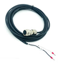 Front view of a black servo motor brake cable with circular six-pin connector and two exposed leads with red terminals.