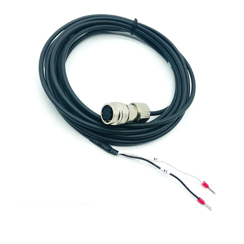 Front view of a black servo motor brake cable with circular six-pin connector and two exposed leads with red terminals.