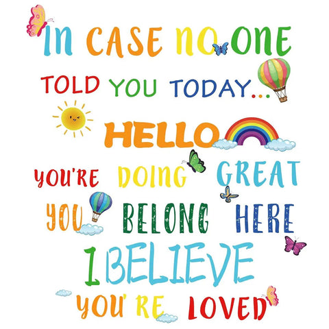 Colorful Inspirational Quote Wall Decal Set For Classroom And Nursery with hot air balloons, rainbow, sun, butterflies, phrases.