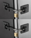 Two Pack Refrigerator Lock With Keyed Padlock, Black Finish, No Drilling Needed, showing lock with adhesive plates on fridge doors.