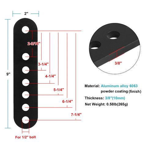 Heavy Duty Adjustable Universal Leaf Spring Shackles Plates For Trailers, Two Pack, Nine Inch Long By Two Inch Wide, Three Eighths Inch Thick Aluminum Alloy diagram showing dimensions and specifications