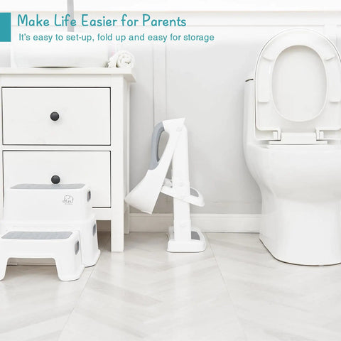 Hassle Free Potty Training Toilet Seat With Step Stool And Foldable Toddler Insert With Plush Cushion And Secure Handles For Smooth Big Kid Transition In White Grey