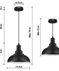 Top Shelf Vintage Industrial Pendant Light Black Metal Farmhouse Ceiling Fixture 11.4 Inch Wide dimensions for adjustable lighting.
