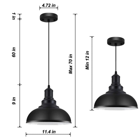 Top Shelf Vintage Industrial Pendant Light Black Metal Farmhouse Ceiling Fixture 11.4 Inch Wide dimensions for adjustable lighting.