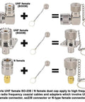 Diagram of UHF and N female connectors with Five Pack UHF And N Type Dust Cap Protective Cover With Chain For SO 239 Connector And N Type Adapter.