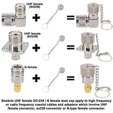 Diagram of UHF and N female connectors with Five Pack UHF And N Type Dust Cap Protective Cover With Chain For SO 239 Connector And N Type Adapter.