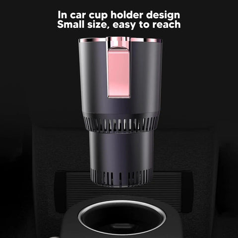 Premium Portable Travel Kettle With Car Power Cord And Bright Digital Display in car cup holder, compact and easy to reach.