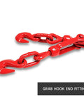 Close-up of red grab hook end on Beefy Two Lever Binders For Tie Downs 3/8 To 1/2 Inch, Grade 70 Transport Chain Ready, 9,200 Lb WLL