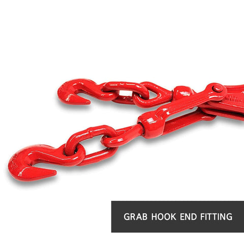 Heavy Duty Chain And Binder Kit For Trucks And Flatbeds With 20 Ft Grade 70 Chains And Load Binders, grab hooks and binder close-up