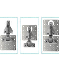 Four Pack Heavy Duty Stainless Steel Hinge Repair Plates With Matching Screws Fix Wobbly Cabinet Doors For Wood Furniture Shelves Quick Install No Sweat Built Tough Real Deal Quality showing three angles of hinge repair plates.