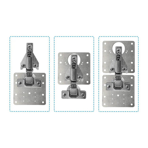 Four Pack Heavy Duty Stainless Steel Hinge Repair Plates With Matching Screws Fix Wobbly Cabinet Doors For Wood Furniture Shelves Quick Install No Sweat Built Tough Real Deal Quality showing three angles of hinge repair plates.