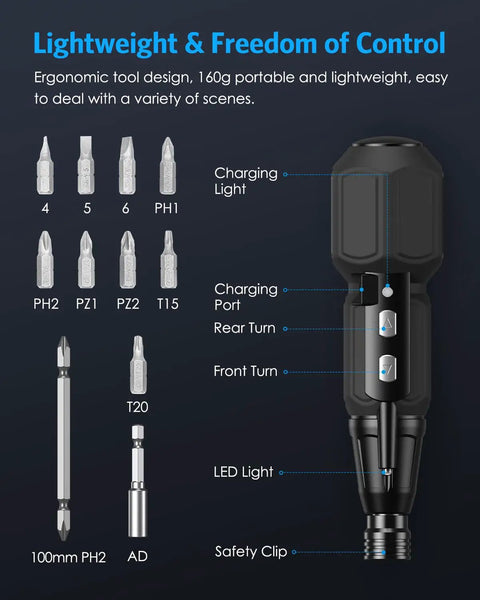 Cordless Electric Screwdriver Set With USB Charge Portable 2 In 1 Electric And Manual Driver LED Light detailing features