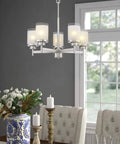 5-Light Industrial Pendant Chandelier For Kitchen Island And Living Room, Dope Brushed Nickel Finish With White Linen Frosted Glass Shades
