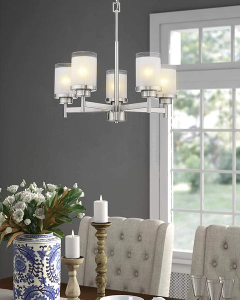 5-Light Industrial Pendant Chandelier For Kitchen Island And Living Room, Dope Brushed Nickel Finish With White Linen Frosted Glass Shades