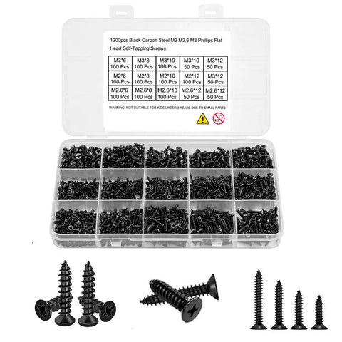 600 Piece Small Wood Screws Kit Self Tapping Phillips Drive M3 And Size Four 6 8 10 12mm Black Carbon Steel Short Cabinet And Tiny Screws For Electronics DIY Micro Woodworking. Open organizer with black carbon steel self-tapping screws, M3 sizes in labeled compartments.