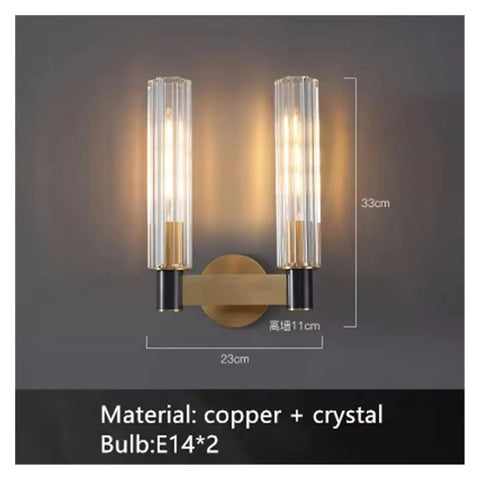 Clear Crystal LED Wall Sconces Brass for Parlor Dining Bedroom Wall Lights E14 Bulb Modern Lamp Indoor Decor Staircase, double lamp design.