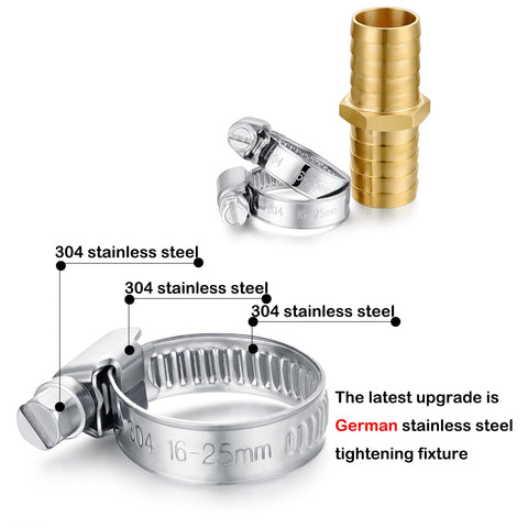 Solid Brass Garden Hose Repair Kit With Three Quarter Inch Barb Fittings And Six Stainless Clamps Durable Hose Connector Set For Quick Leak Fixes Three Piece Assembly Rustproof Easy Install close-up of 304 stainless clamps and brass fitting