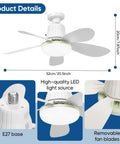 XIGUCUCN Socket Fan Light with Remote, 20.5" Screw in Ceiling Fan Lights with 3 Colors Dimmable, showing E27 base and removable fan blades.
