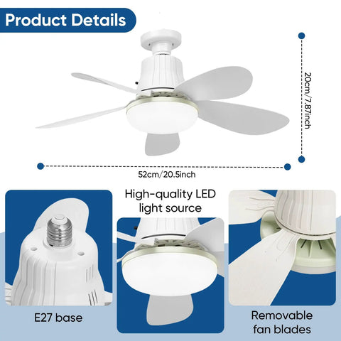 XIGUCUCN Socket Fan Light with Remote, 20.5" Screw in Ceiling Fan Lights with 3 Colors Dimmable, showing E27 base and removable fan blades.
