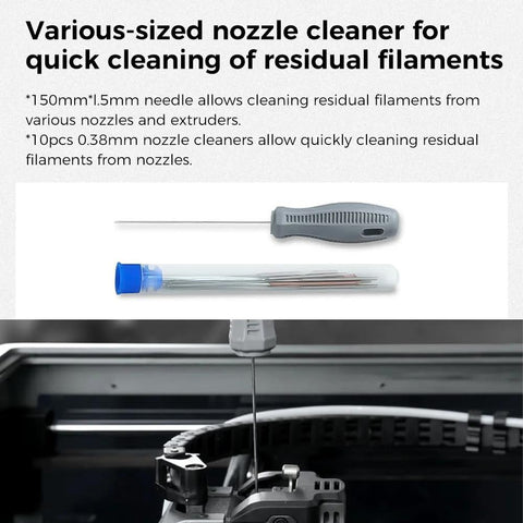 Creality 3D Printer Tools Kit, 74 pcs; gray-handled tool and clear tube with assorted tips for nozzle cleaning