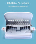 10 Hole Paper Punch Handheld Metal Puncher For A4 A5 B5 Notebooks and Scrapbooks with all-metal structure and 10 sheet capacity.