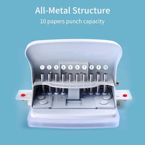 10 Hole Paper Punch Handheld Metal Puncher For A4 A5 B5 Notebooks and Scrapbooks with all-metal structure and 10 sheet capacity.