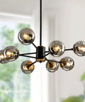 Close-up of 8 Light Chandelier Pendant Lighting Black With Glass Globes Dope Vintage Sputnik Ceiling Light Fixture, indoor view